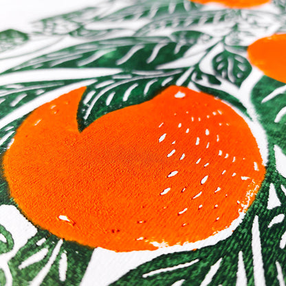 Sage green beige retro cottagecore oranges citrus fruit large linocut print vintage kitchen dining room botanical lino original artwork Farmhouse wall art english cottage rustic linogravure relief handprint quiet luxury reading nook decor hostess present botanical printmaking housewarming grandmother wife daughter big sister girlfriend handmade home mothers mom mother female daughter godmother aunt unique of you long distance heirloom new home aesthetic farm hallway staircase antique etching