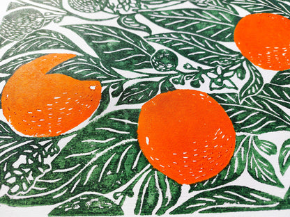 Original linocut print artwork Oranges print Botanical illustration Fruit kitchen wall art and decor Linogravure