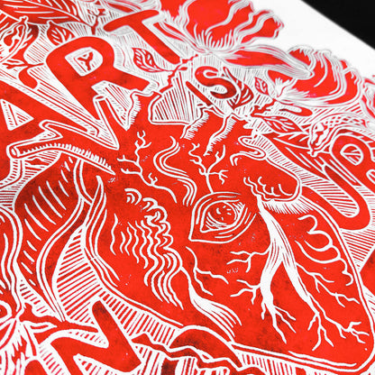 red white art is in your heart inspirational phrase emotional quote large linocut print botanical lino magnolia flowers home office decor man cave decor sister unique gift relief linogravure monoprint tattoo anatomical alternative wall art handprint creative person floral printmaking motivational bedroom self wife daughter big sister girlfriend best friend employee appreciation going away coworker mothers fathers dad mom farmhouse female women housewarming new home entryway above bed