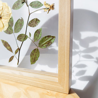 Beige roses dried flowers on Plexiglass with Wooden arch frame