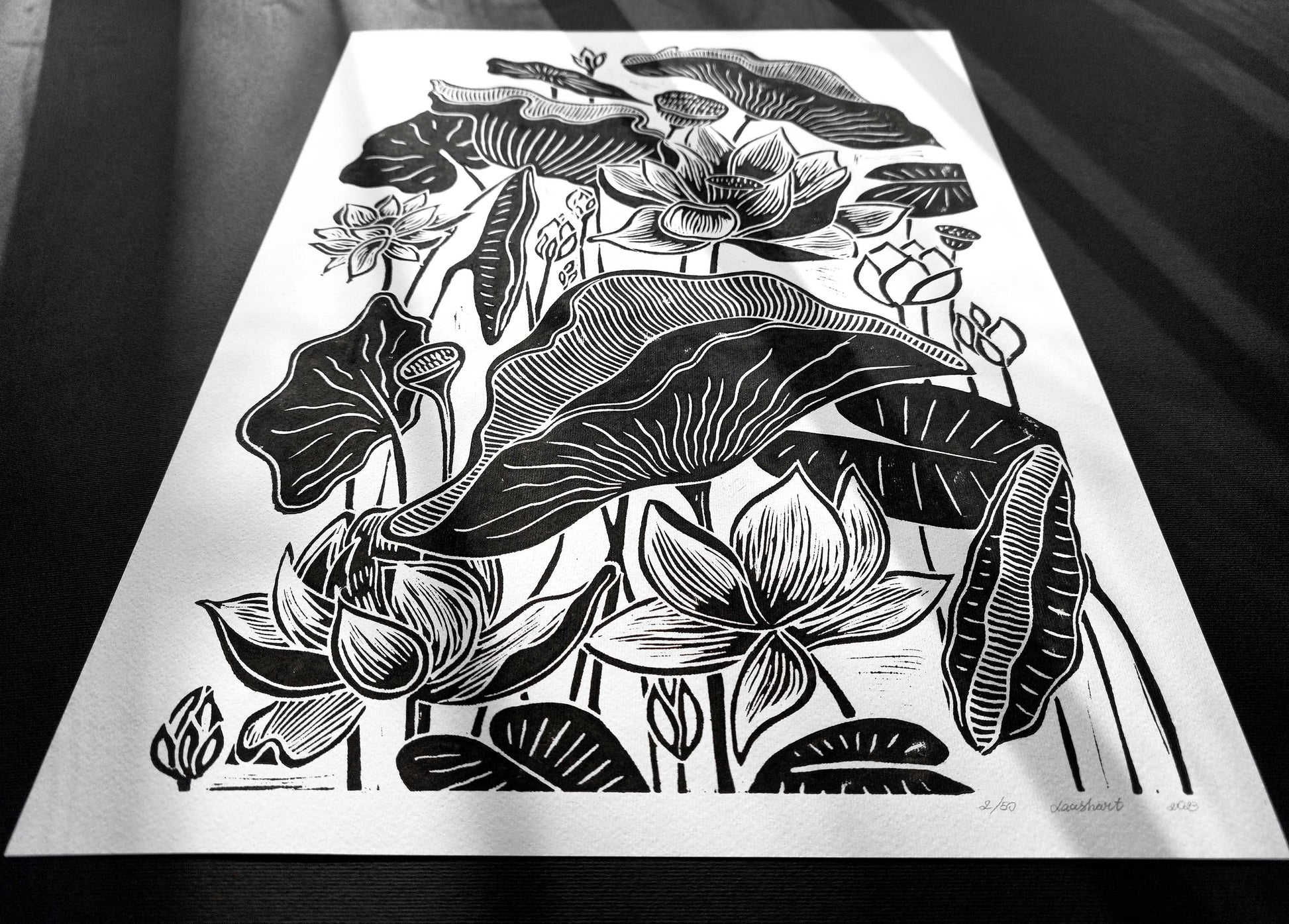 Green lotus flower Linocut print for Nature lover gift UNFRAMED – daashart