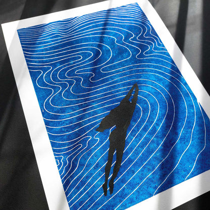 linocut print original artwork woman swimming linogravure art abstract navy blue waves lino coastal ocean nautical
hand carved, wall hanging, unique Vintage art, unique wall art, trendy wall art, thank you gift boss, teacher appreciation gift, Summer wall art, large wall art, sister in law gift, shelf decor, self gift, rustic artwork, Retro scandinavian artwork, handprint, retirement gift, Relief print, realtor closing gift, Printmaking art, original illustration, original artwork, one of a kind