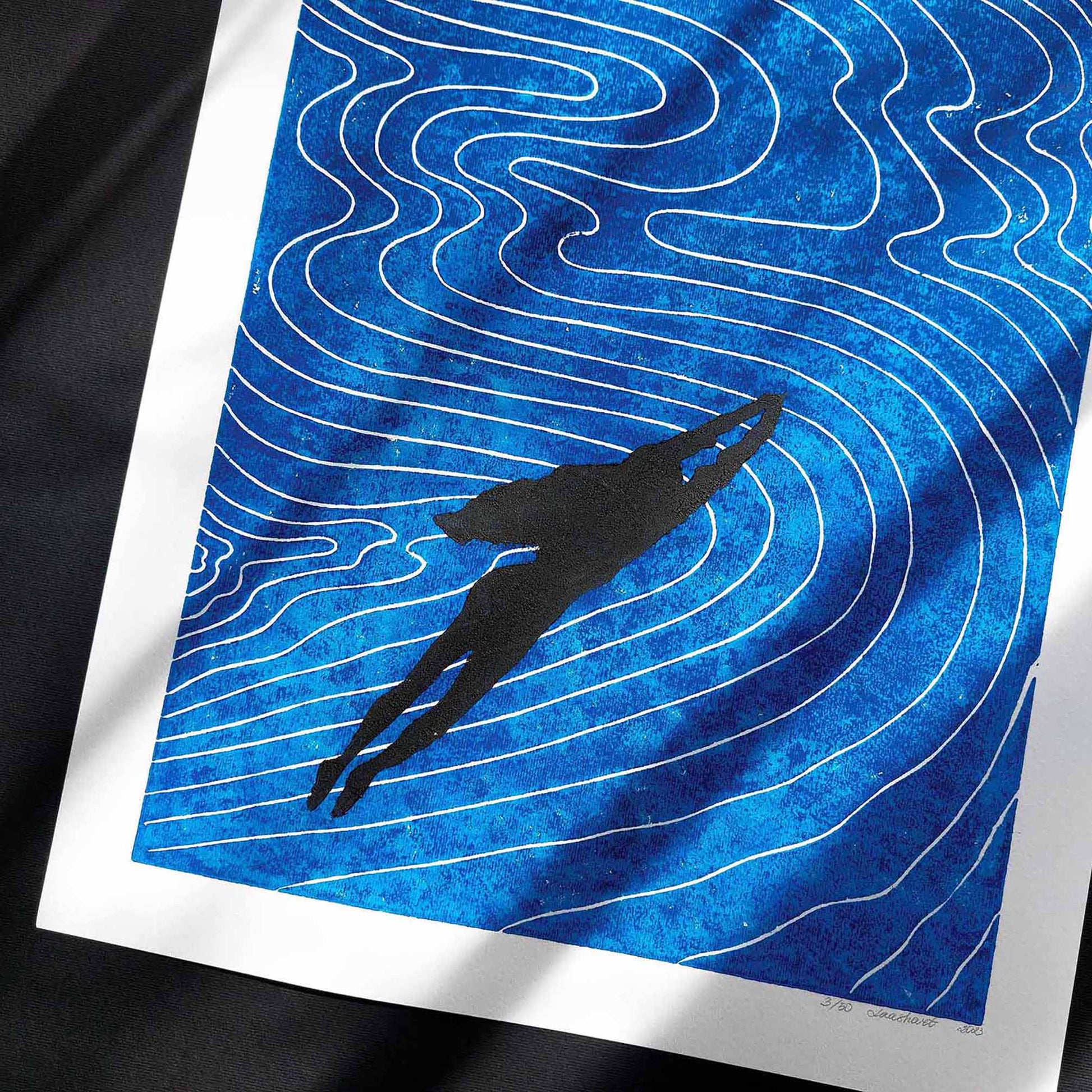 linocut print original artwork woman swimming linogravure living room wall art abstract navy blue waves printmaking new home gift lino coastal minimalist spiritual relief block ocean nautical bedroom maritime hostess gift self hand carved handprint large unique nature dopamine summer textured trendy aesthetic moody hampton classical bathroom modern kitchen dining room dorm laundry  above bed entryway decordried home office decor new home gift handmade housewarming farmhouse wall art decor