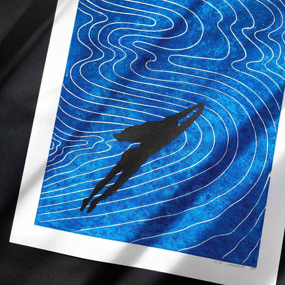 linocut print original artwork woman swimming linogravure living room wall art abstract navy blue waves printmaking new home gift lino coastal minimalist spiritual relief block ocean nautical bedroom maritime hostess gift self hand carved handprint large unique nature dopamine summer textured trendy aesthetic moody hampton classical bathroom modern kitchen dining room dorm laundry  above bed entryway decordried home office decor new home gift handmade housewarming farmhouse wall art decor