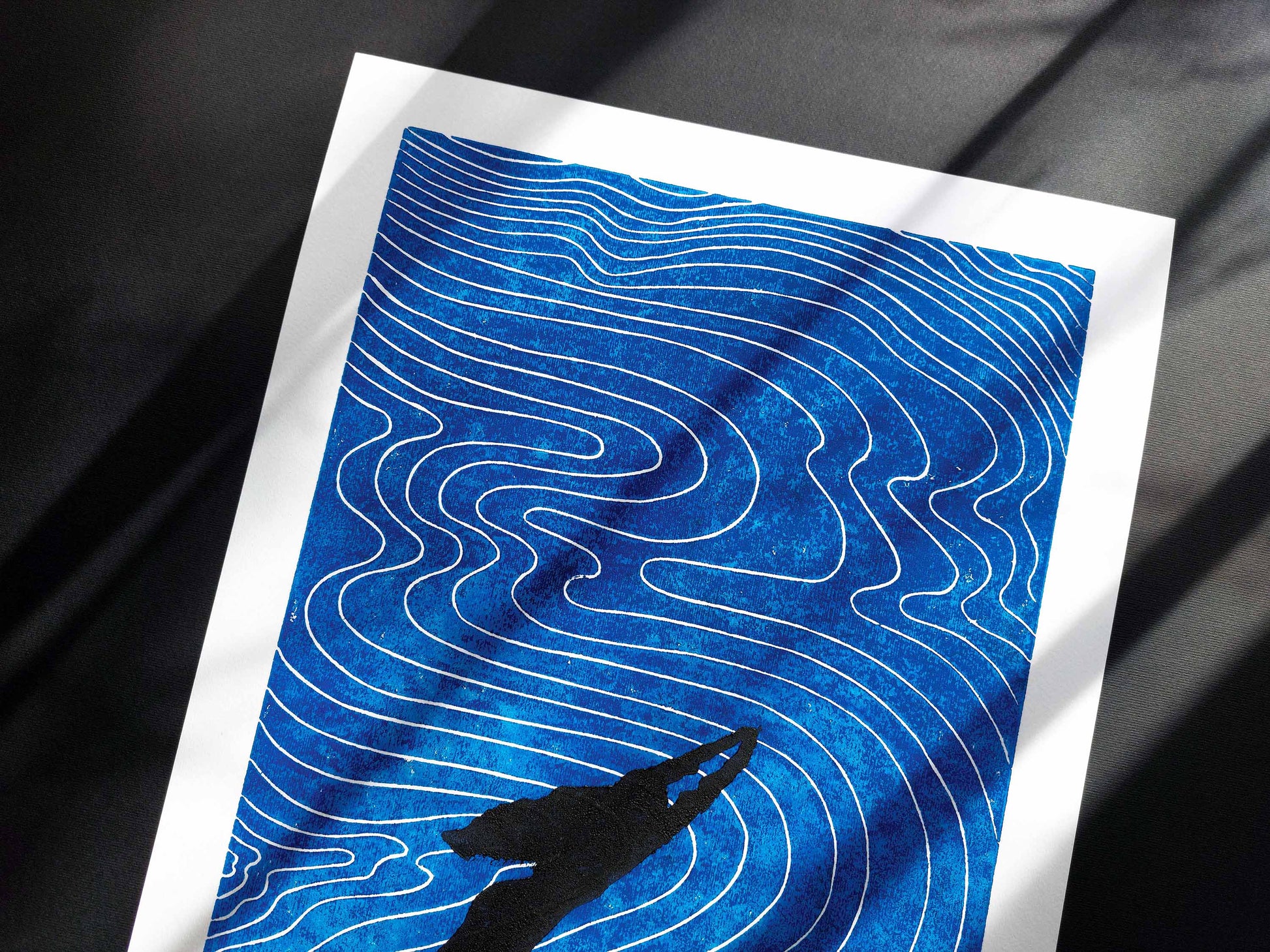 Girl swimming and Abstract blue water Linocut print art for Bedroom wall decor UNFRAMED for summer vibe in your bedroom, bathroom, living room, original artwork