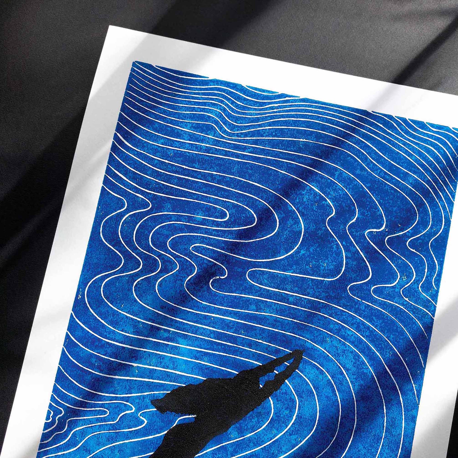 linocut print original artwork woman swimming linogravure living room wall art abstract navy blue waves printmaking new home gift lino coastal minimalist spiritual relief block ocean nautical bedroom maritime hostess gift self hand carved handprint large unique nature dopamine summer textured trendy aesthetic moody hampton classical bathroom modern kitchen dining room dorm laundry  above bed entryway decordried home office decor new home gift handmade housewarming farmhouse wall art decor