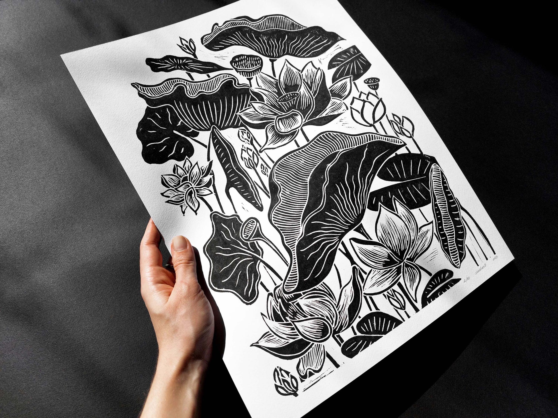 Green lotus flower Linocut print for Nature lover gift UNFRAMED – daashart