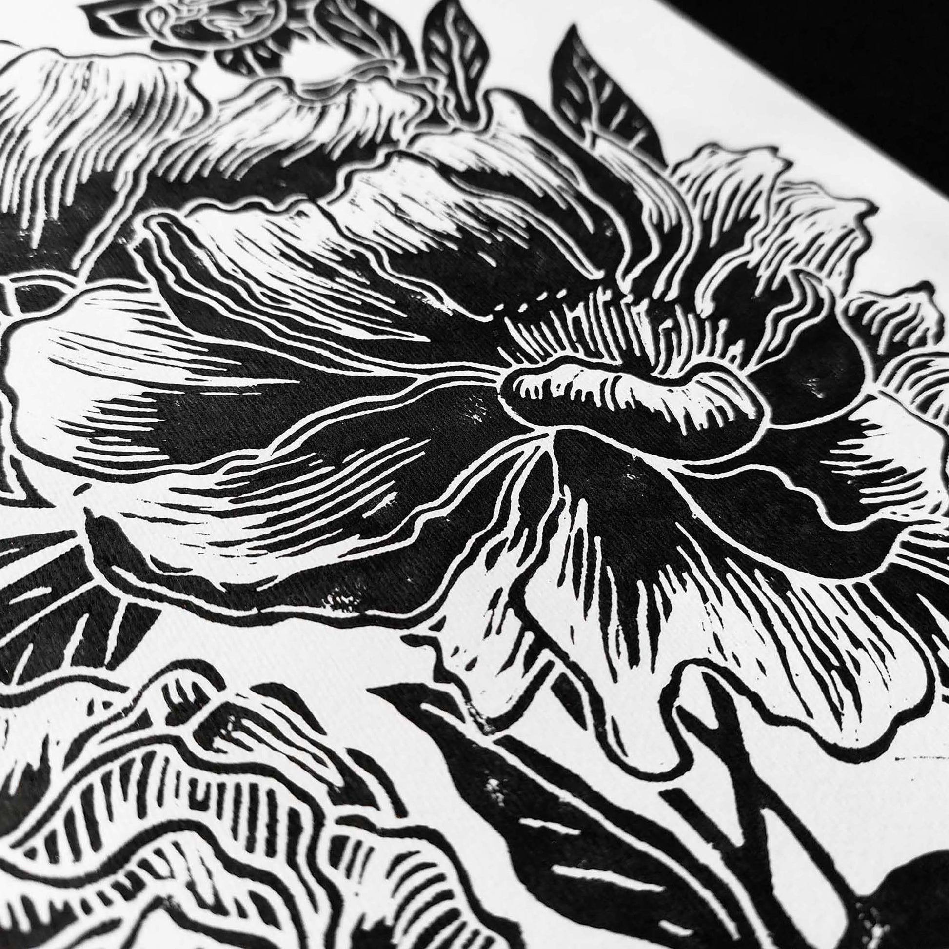 Black peony flowers Linocut print Peonies wall art decor Linogravure, Lino print 