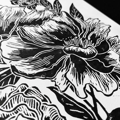 Black peony flowers Linocut print Peonies wall art decor Linogravure, Lino print 