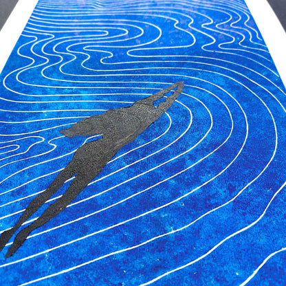 linocut print original artwork woman swimming linogravure living room wall art abstract navy blue waves printmaking new home gift lino coastal minimalist spiritual relief block ocean nautical bedroom maritime hostess gift self hand carved handprint large unique nature dopamine summer textured trendy aesthetic moody hampton classical bathroom modern kitchen dining room dorm laundry  above bed entryway decordried home office decor new home gift handmade housewarming farmhouse wall art decor