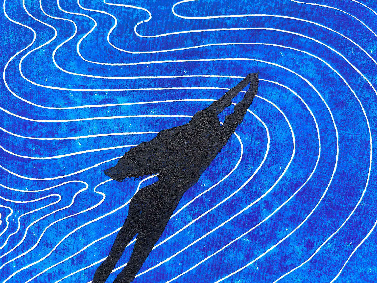 Girl swimming and Abstract blue water Linocut print / original artwork / lino print / linogravure