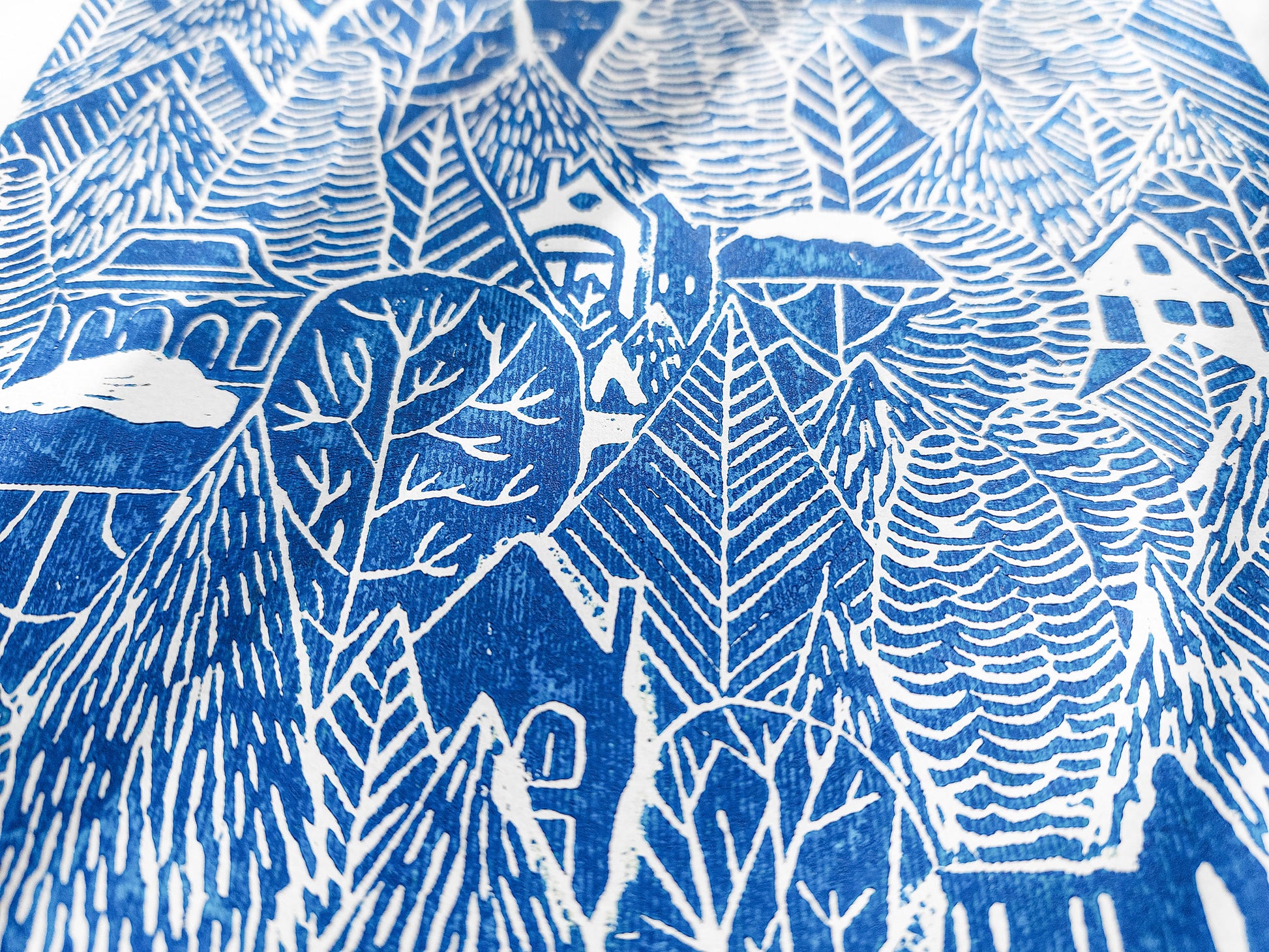 Dark blue winter forest with houses Linocut print 12x16in for Nature lover gift UNFRAMED / printmaking art, original artwork, lino print, linogravure, block print, relief print, handmade art, bedroom wall art, living room decor, nursery wall art