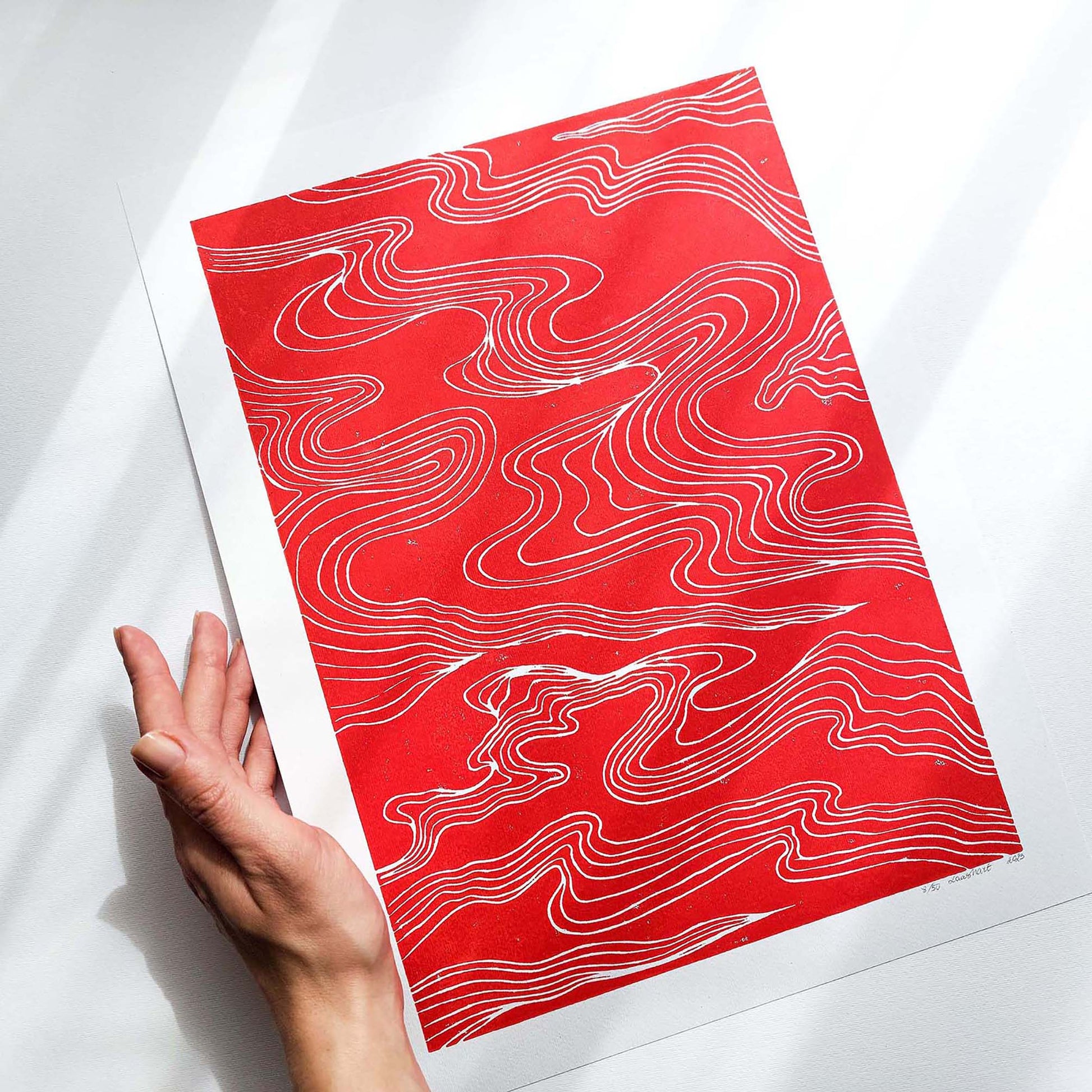 Red Abstract Japanese Cloud Linocut Print Original Artwork Printmaking Modern Living Contemporary Bedroom Home Gift Minimal Holiday Decor One of a kind heirloom gift, handmade gift for women, handmade gift for the home, grandmother gift, grandma gift, going away gift for coworker, godparent gift, godmother gift, girlfriend gift, gift for the home, gift for best friend female, Farmhouse wall decor, farm decor, easter gift, dorm room decor, diy gift, Dining Room Decor, Dining room art, daughter in law gift