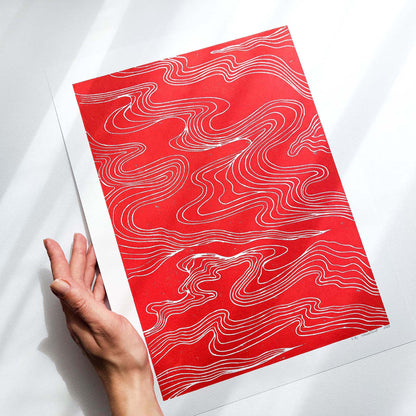 Red Abstract Japanese Cloud Linocut Print Original Artwork Printmaking Modern Living Contemporary Bedroom Home Gift Minimal Holiday Decor One of a kind heirloom gift, handmade gift for women, handmade gift for the home, grandmother gift, grandma gift, going away gift for coworker, godparent gift, godmother gift, girlfriend gift, gift for the home, gift for best friend female, Farmhouse wall decor, farm decor, easter gift, dorm room decor, diy gift, Dining Room Decor, Dining room art, daughter in law gift