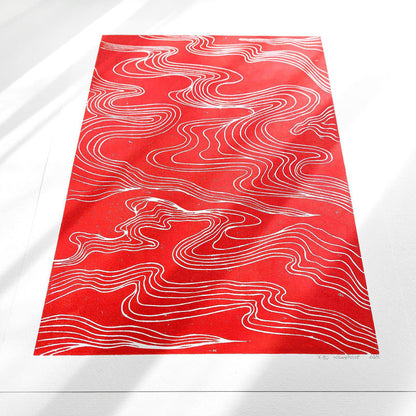 Red Abstract Japanese Cloud Linocut Print Original Artwork Printmaking Modern Living Contemporary Bedroom Home Gift Minimal Holiday Decor One of a kind hand carved, wall hanging, unique Vintage art, unique wall art, trendy wall art, thank you gift boss, teacher appreciation gift, Summer wall art, large wall art, sister in law gift, shelf decor, self gift, rustic artwork, Retro scandinavian artwork, handprint, retirement gift, Relief print, realtor closing gift, Printmaking art, original illustration