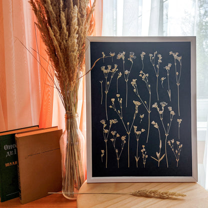 black wall decor
dried flowers
original artwork
botanical wall art
wildflower wall art
nature wall art
farmhouse wall decor
cottagecore wall art
plant lover gift
one of a kind
herbarium decor
grandmother gift
pressed flowers