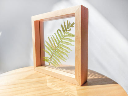 Real fern pressed leaf on plexiglass artwork with wooden square frame for Nature lover gift