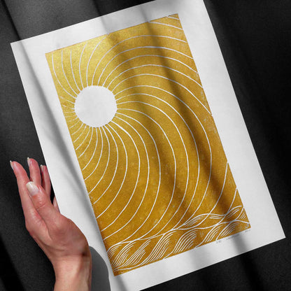 Linocut Print Gold Japanese Sun Sea Landscape Wall Art Mid Century Modern Original Artwork Bedroom Home Office Decor Thoughtful Self Gift
abstract, contemporary, midimalism, maritime living art, island luxe art, rustic, chinese, japanese, geometric boho bohemian, maximalist, mid century modern, japandi, wabi sabi
chic, preppy, nautical, hampton, nautical, coastal