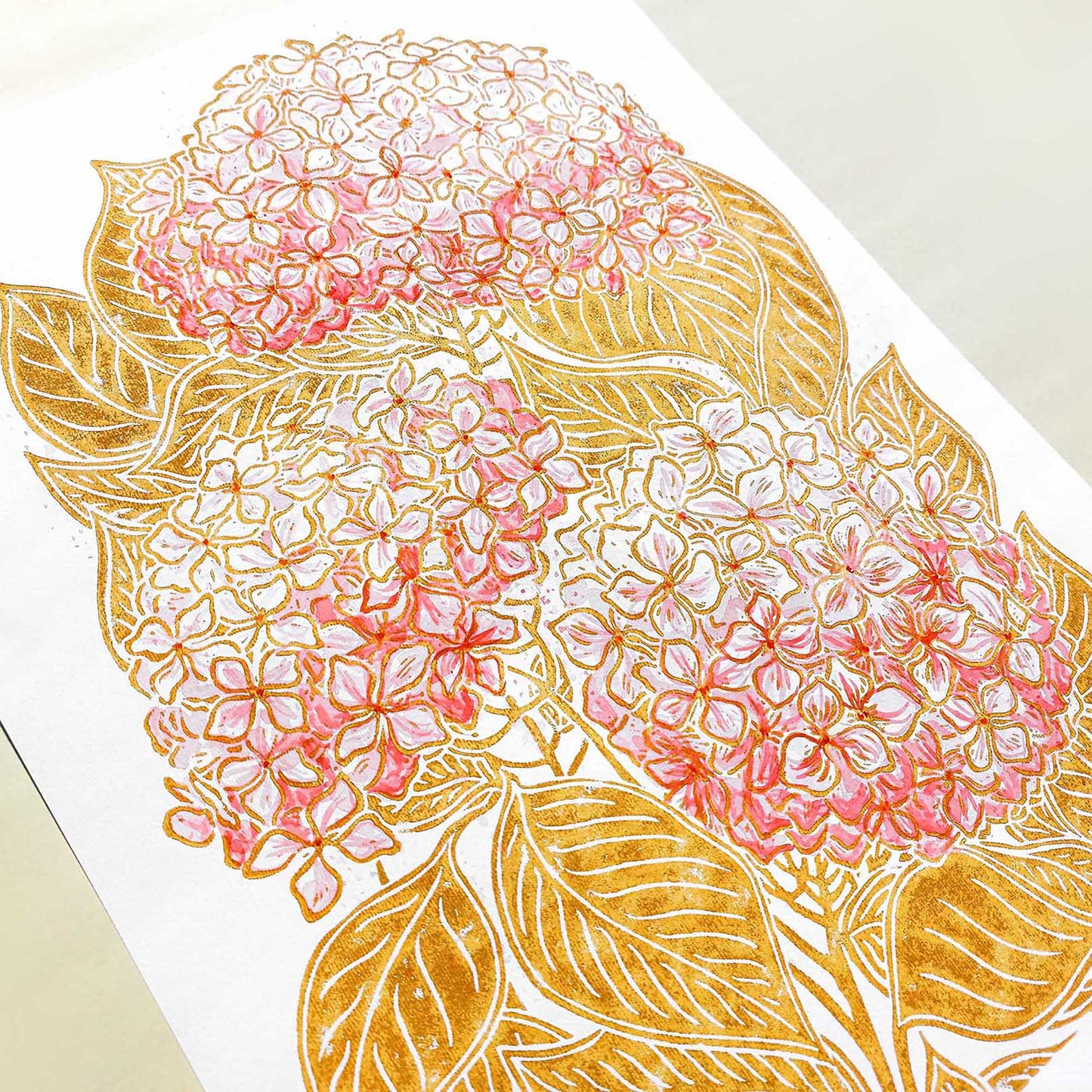 Ochre and pink watercolor hydrangea flowers Linocut print lino print, linogravure. printmaking, relief print, block print, wall hanging, unique wall art, trendy wall art, thank you gift boss, teacher appreciation gift, Summer wall art, Spring wall art, sister in law gift, shelf decor, self gift, rustic wall art, retirement gift, realtor closing gift, Plant print, plant lover gift, original artwork, one of a kind, nurse gift