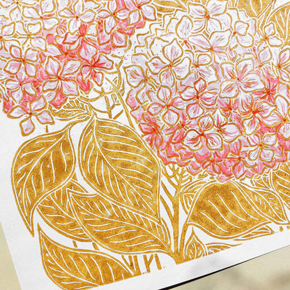 Ochre and pink watercolor hydrangea flowers Linocut print