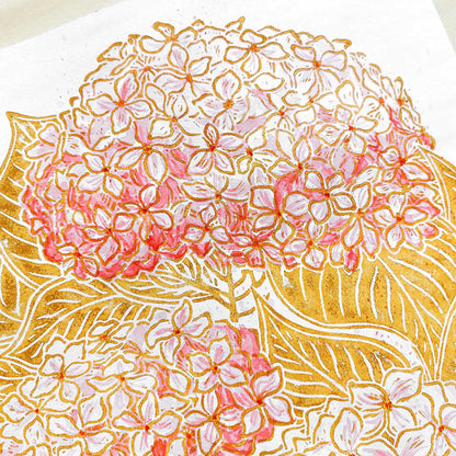 Ochre and pink watercolor hydrangea flowers Linocut print Housewarming gift, hostess gift, home gift unique, heirloom gift, handmade gift for women, handmade gift for the home, grandmother gift, grandma gift, going away gift for coworker, godparent gift, godmother gift, girlfriend gift, gift for the home, gift for best friend female, foraged wall art, Flower wall art, Floral wall art, Farmhouse wall decor