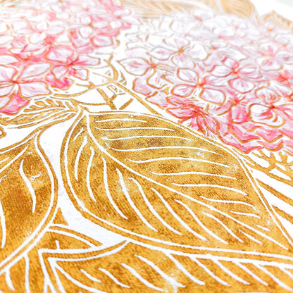 Ochre and pink watercolor hydrangea flowers Linocut print