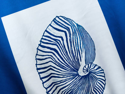 Blue and white sea shell art Linocut print / lino print / linogravure / printmaking / block print / linoleum print / relief print