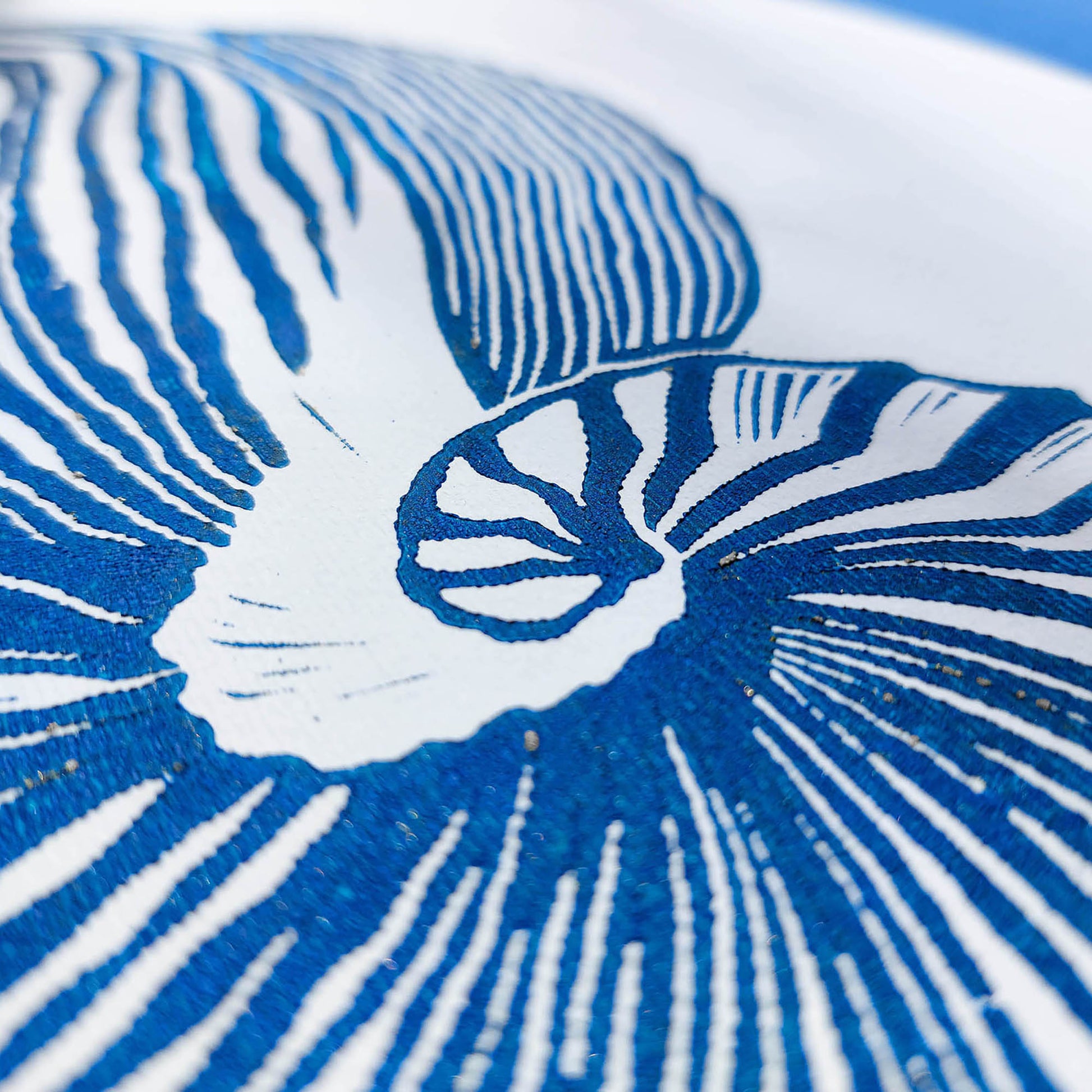 abstract blue sea shell large linocut print maritime living  summer wall art hampton decor bedroom original artwork classical style relief block island luxe lino linogravure Resortcore Tourist-Chic printmaking handprint modern unique scandinavian minimalist geometric textured aesthetic moody unique wall hanging summer bathroom heirloom dorm laundry nautical above bed entryway decordried home office new home gift housewarming self minimalism she shed gifts geometric midimalism family room