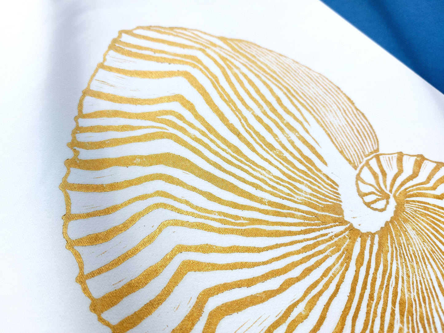 Gold and white sea shell art Linocut print / lino print / linogravure / printmaking / block print / linoleum print / relief print