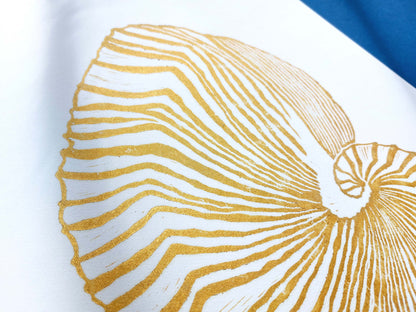 Gold and white sea shell art Linocut print / lino print / linogravure / printmaking / block print / linoleum print / relief print