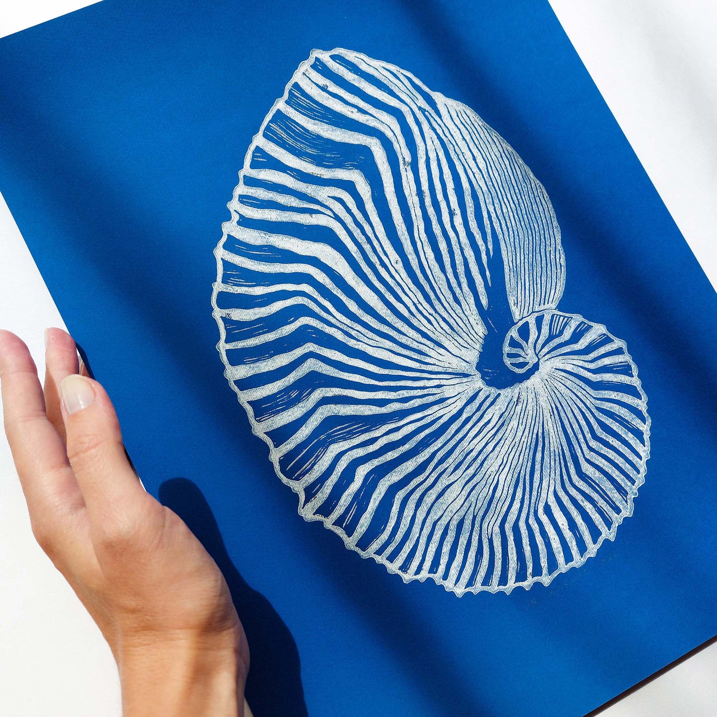 abstract blue sea shell large linocut print maritime living  summer wall art hampton decor bedroom original artwork classical style relief block island luxe lino linogravure Resortcore Tourist-Chic printmaking handprint midimalism, maritime living art, nautical, hampton, coastal
going away gift for coworker, godparent gift, godmother gift, girlfriend gift, gift for the home, gift for best friend female, Farmhouse wall decor, farm decor, easter gift, study room, dorm room decor, diy gift, Dining Room Decor
