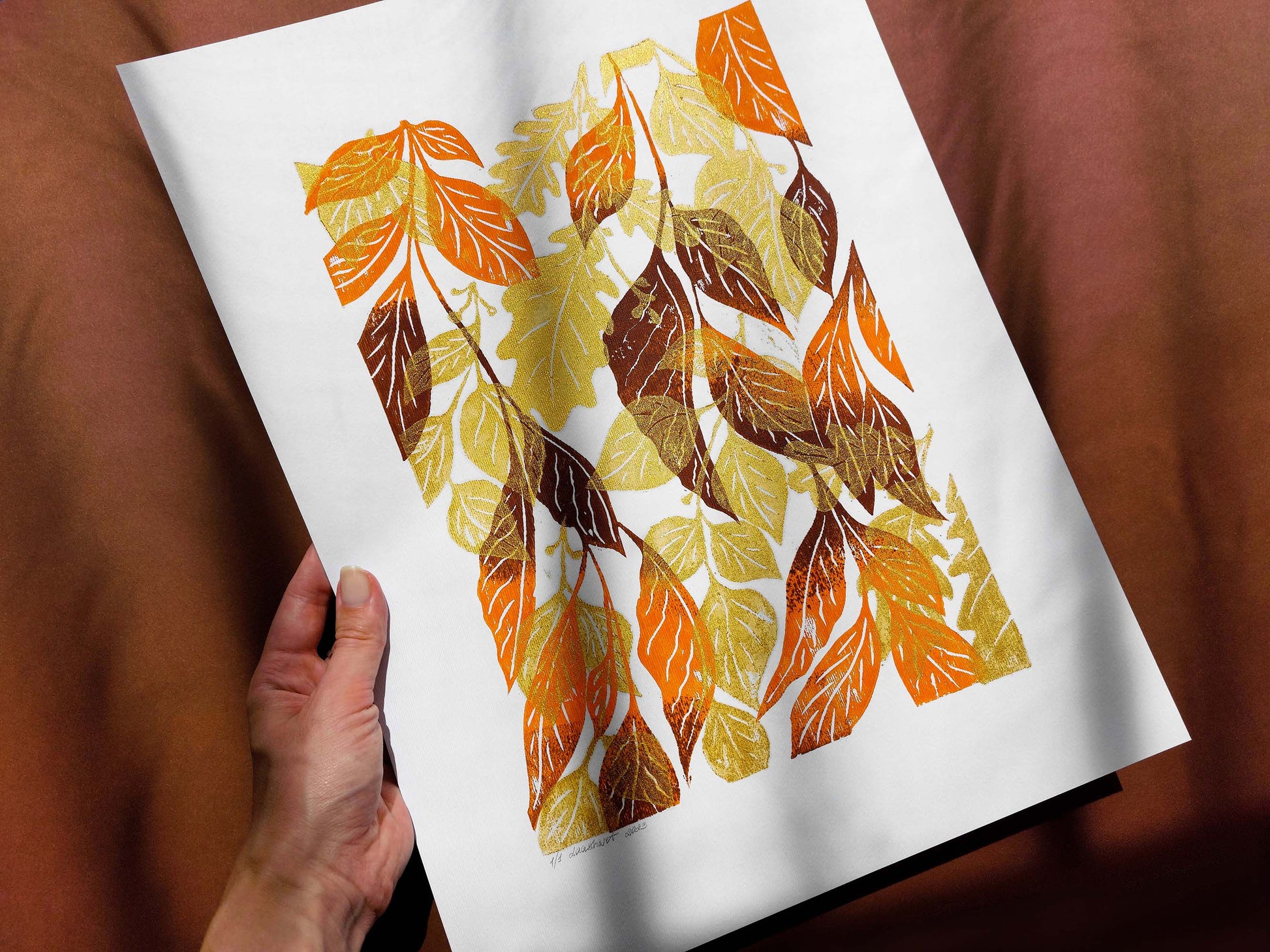 Gold orange and brown fall leaves artwork Linocut print 12x16in for New home gift UNFRAMED / original artwork, relief print, printmaking art, lino print, linogravure, handmade wall art, new home gift, farmhouse decor, houswarming gift, living room wall art, dining room art, farm kitchen art, bedroom wall decor, autumn art, fall wall art, seasonal wall decor, aesthetic wall art