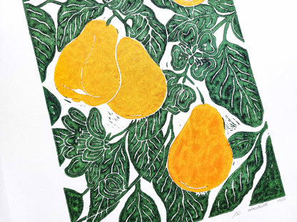 Pears linocut print  / Original artwork Botanical fruit for modern kitchen wall art or Nature lover gift UNFRAMED / printmaking, lino print, linogravure, block print, relief print for modern kitchen art, dining room wall decor, bedroom, housewarming gift, nature lover gift, new home gift mother gift