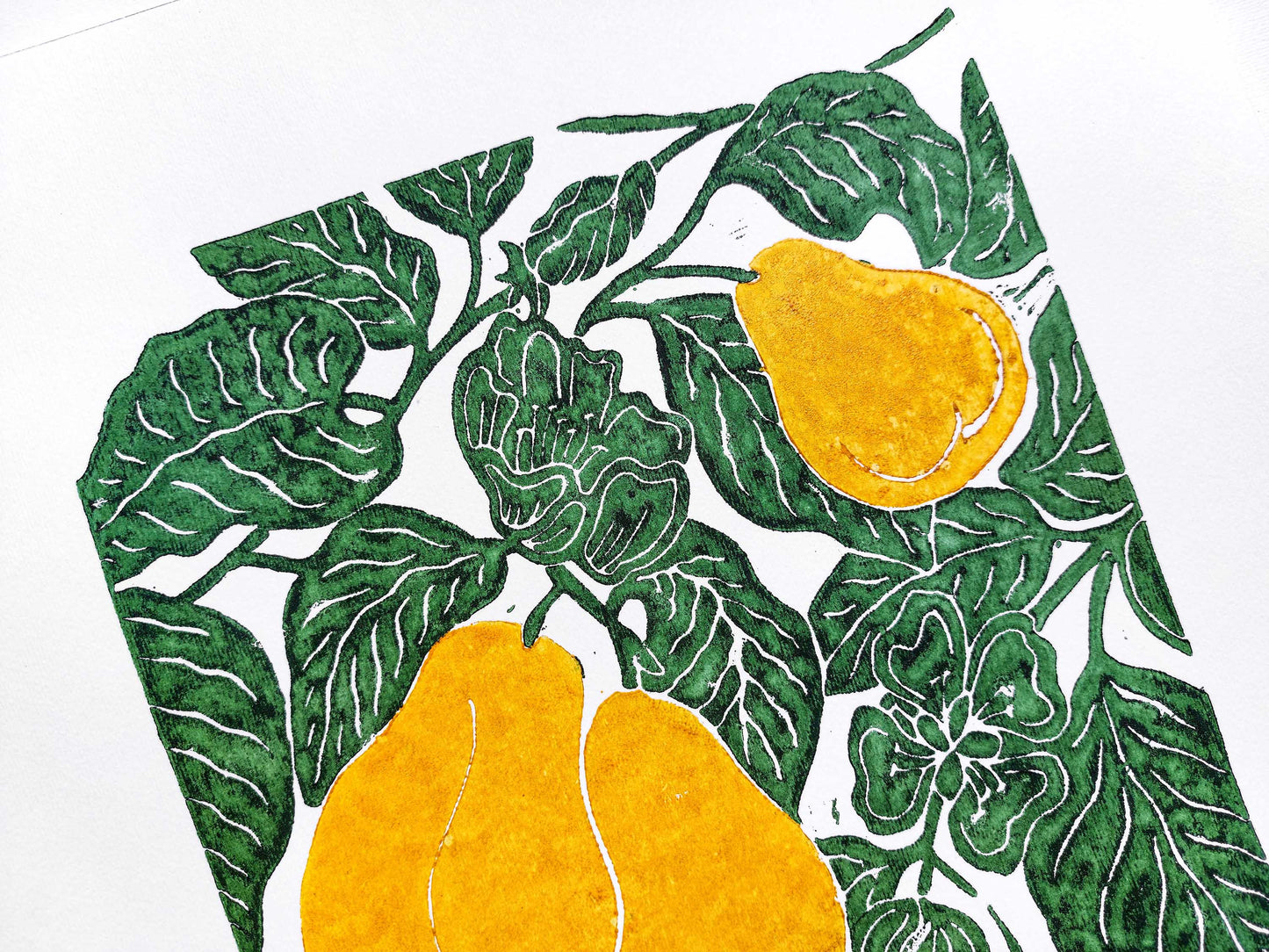 Pears linocut print  / Original artwork Botanical fruit for modern kitchen wall art or Nature lover gift UNFRAMED / printmaking, lino print, linogravure, block print, relief print for modern kitchen art, dining room wall decor, bedroom, housewarming gift, nature lover gift, new home gift mother gift