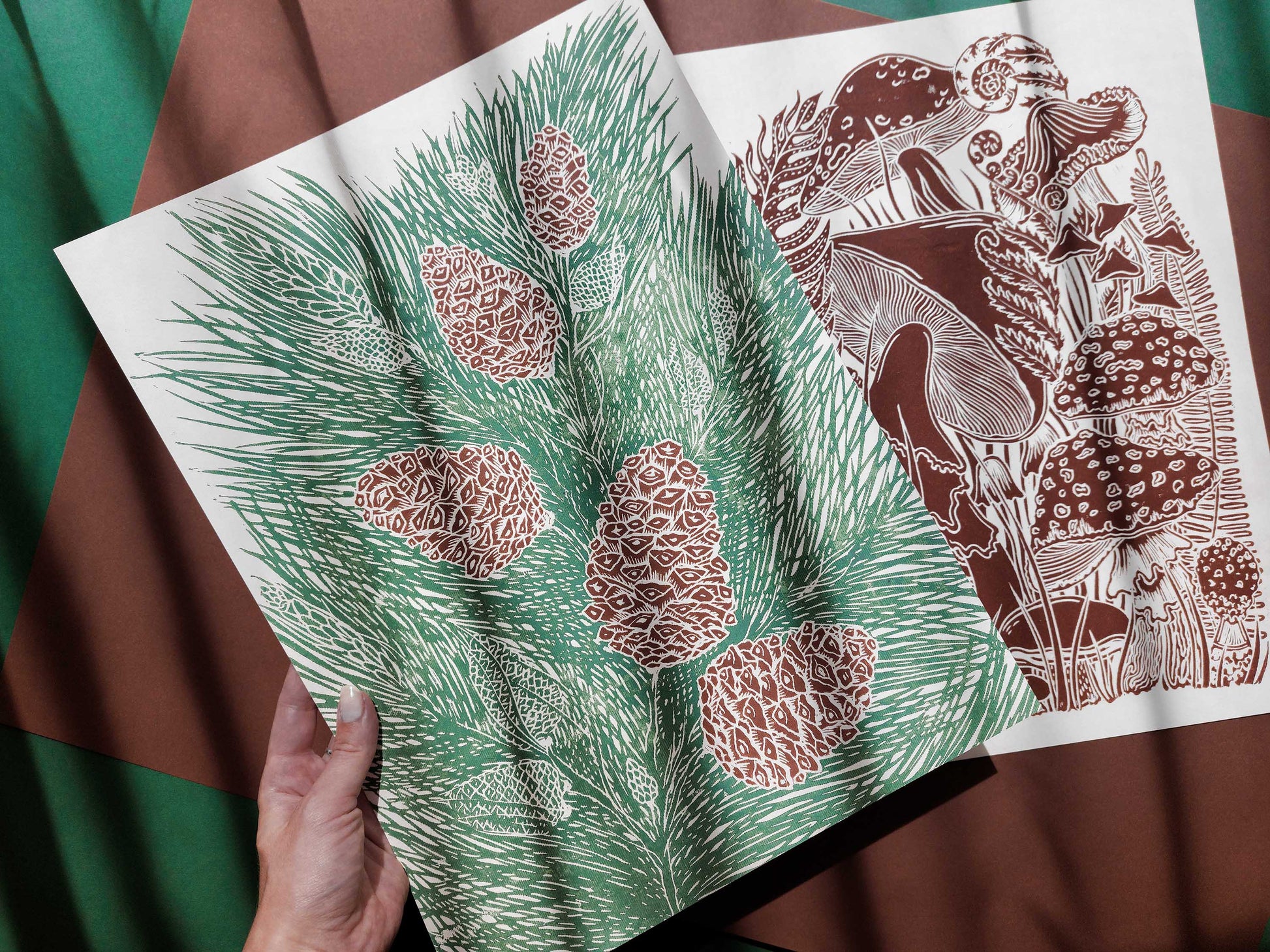 Gallery wall set of 2 Botanical brown vintage mushroom and Green cones trees Linocut print UNFRAMED / lino print / printmaking / linogravure / original artwork for modern kitchen autumn art / farm kitchen / dining room / forest art