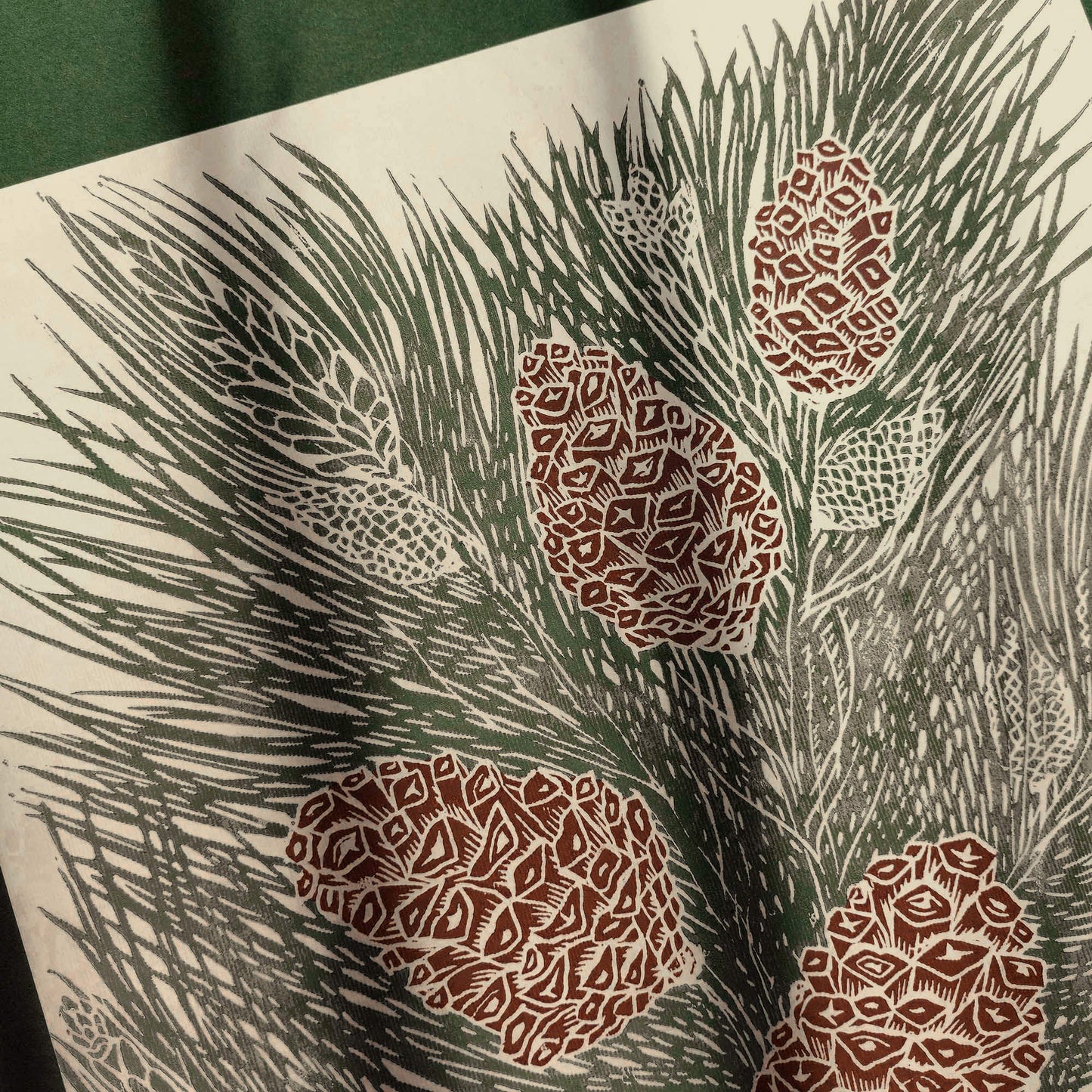 retro cottagecore vintage pine autumn wall art sage green color large linocut print original artwork nature lover gift foraged pinecones bedroom decor christmas present self linogravure rustic lino botanical relief block modern kitchen hallway living room sister grandmother new home hostess one of a kind office farmhouse thank you printmaking handprinted farm mom mother new apartment godmother wife woman handmade dining Her Thankful Gratitude Entryway Dorm Earth Tones coworker