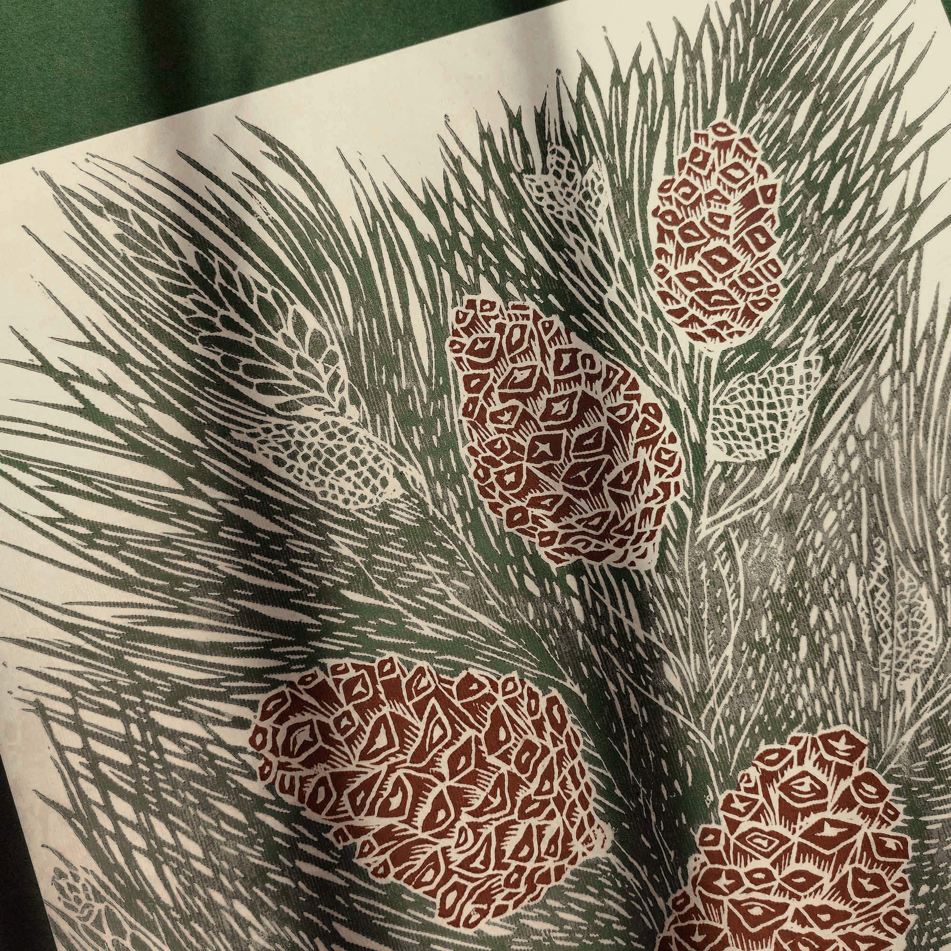 retro cottagecore vintage pine autumn wall art sage green color large linocut print original artwork nature lover gift foraged pinecones bedroom decor christmas present self linogravure rustic lino botanical relief block modern kitchen hallway living room sister grandmother new home hostess one of a kind office farmhouse thank you printmaking handprinted farm mom mother new apartment godmother wife woman handmade dining Her Thankful Gratitude Entryway Dorm Earth Tones coworker