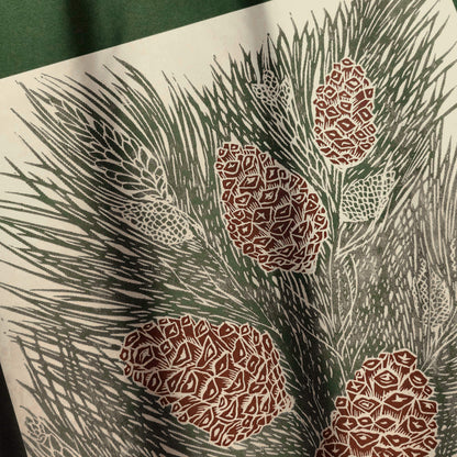 retro cottagecore vintage pine autumn wall art sage green color large linocut print original artwork nature lover gift foraged pinecones bedroom decor christmas present self linogravure rustic lino botanical relief block modern kitchen hallway living room sister grandmother new home hostess one of a kind office farmhouse thank you printmaking handprinted farm mom mother new apartment godmother wife woman handmade dining Her Thankful Gratitude Entryway Dorm Earth Tones coworker