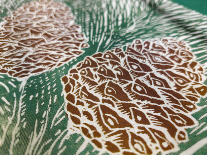 Gallery wall set of 2 Botanical brown vintage mushroom and Green cones trees Linocut print UNFRAMED / lino print / printmaking / linogravure / original artwork for modern kitchen autumn art / farm kitchen / dining room / forest art