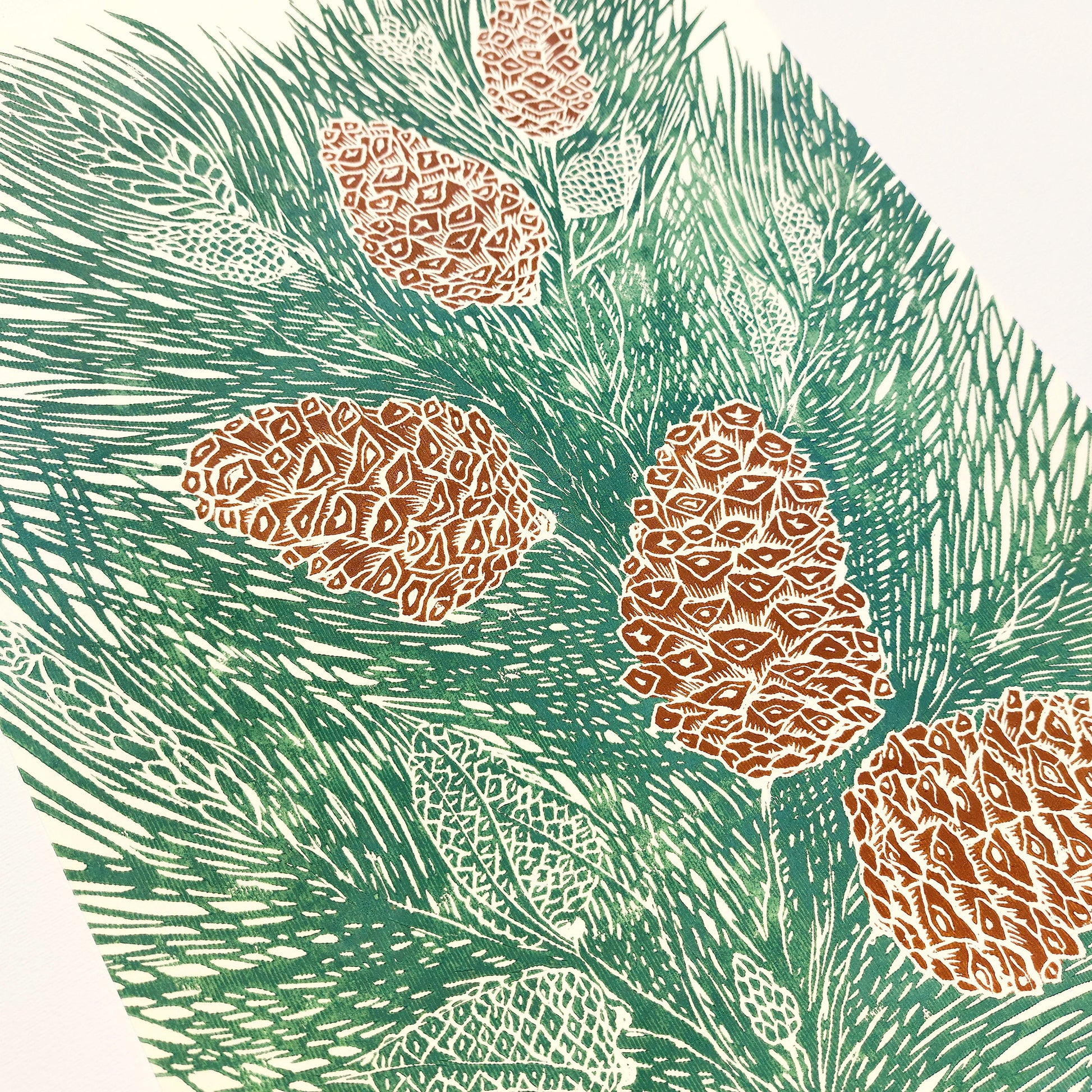 retro cottagecore vintage pine autumn wall art sage green color large linocut print original artwork nature lover gift foraged pinecones bedroom decor christmas present self linogravure rustic lino botanical relief block modern kitchen hallway living room sister grandmother new home hostess one of a kind office farmhouse thank you printmaking handprinted farm mom mother new apartment godmother wife woman handmade dining Her Thankful Gratitude Entryway Dorm Earth Tones coworker