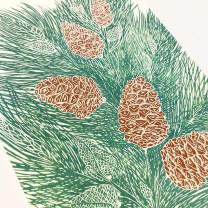 retro cottagecore vintage pine autumn wall art sage green color large linocut print original artwork nature lover gift foraged pinecones bedroom decor christmas present self linogravure rustic lino botanical relief block modern kitchen hallway living room sister grandmother new home hostess one of a kind office farmhouse thank you printmaking handprinted farm mom mother new apartment godmother wife woman handmade dining Her Thankful Gratitude Entryway Dorm Earth Tones coworker