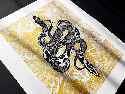 Black and gold floral snake magnolia flowers Linocut print for Nature lover gift UNFRAMED Housewarming gift New home gift Living room or bedroom decor 16x12 Reptile Original artwork Classical wall decor