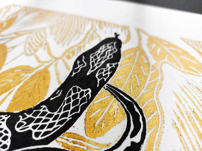 Black and gold floral snake magnolia flowers Linocut print for Nature lover gift UNFRAMED Housewarming gift New home gift Living room or bedroom decor 16x12 Reptile Original artwork Classical wall decor