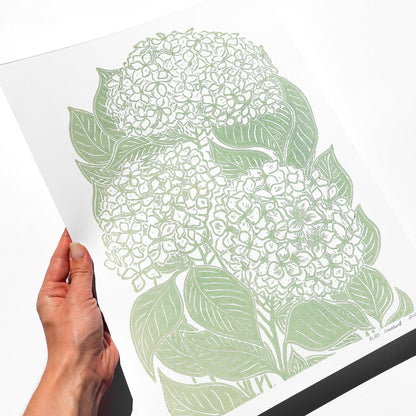 light green retro cottagecore hydrangea flowers large linocut print sage green color floral lino original artwork hallway decor modern kitchen autumn wall art grandmother gift vintage botanical linogravure relief block rustic fall new home thanksgiving table hostess one of a kind office nature lover farmhouse thank you bedroom printmaking handprinted farm self sister mom mother hostess new apartment godmother wife woman living room kitchen handmade dining for Her Thankful Gratitude Entryway Dorm Earth Tones