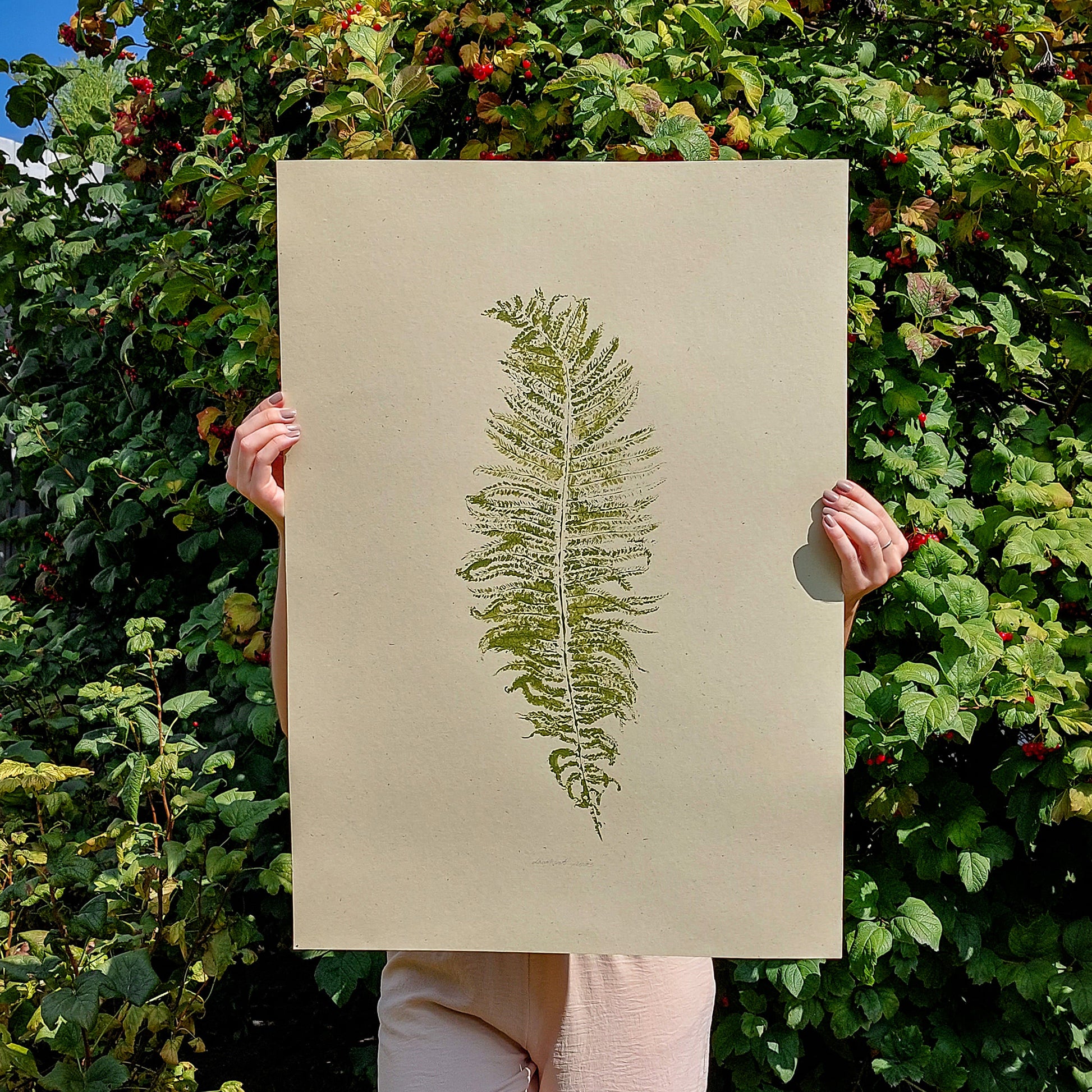 Sage green fern large relief Plant monotype print Original artwork Foraged wall art decor printmaking for Nature lover gift One of a kind Farm farmhouse nature lover Bedroom Office Home workspace Kitchen Dining room Rustic Living room