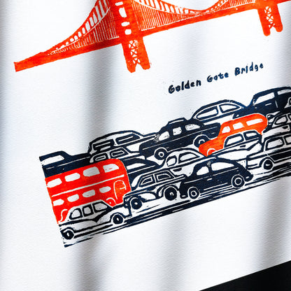 golden gate bridge linocut print cityscape san francisco home office decor kids room retro american original artwork travel lover gift linogravure lino california urban landscape unique christmas memories modern rustic city road trip sf architecture holiday gift for him mid century modern minimalist 
patriotic relief dopamine bedroom thankful iconic usa landmarks bay area west coast urban landscape printmaking back to school professor teacher handprinted