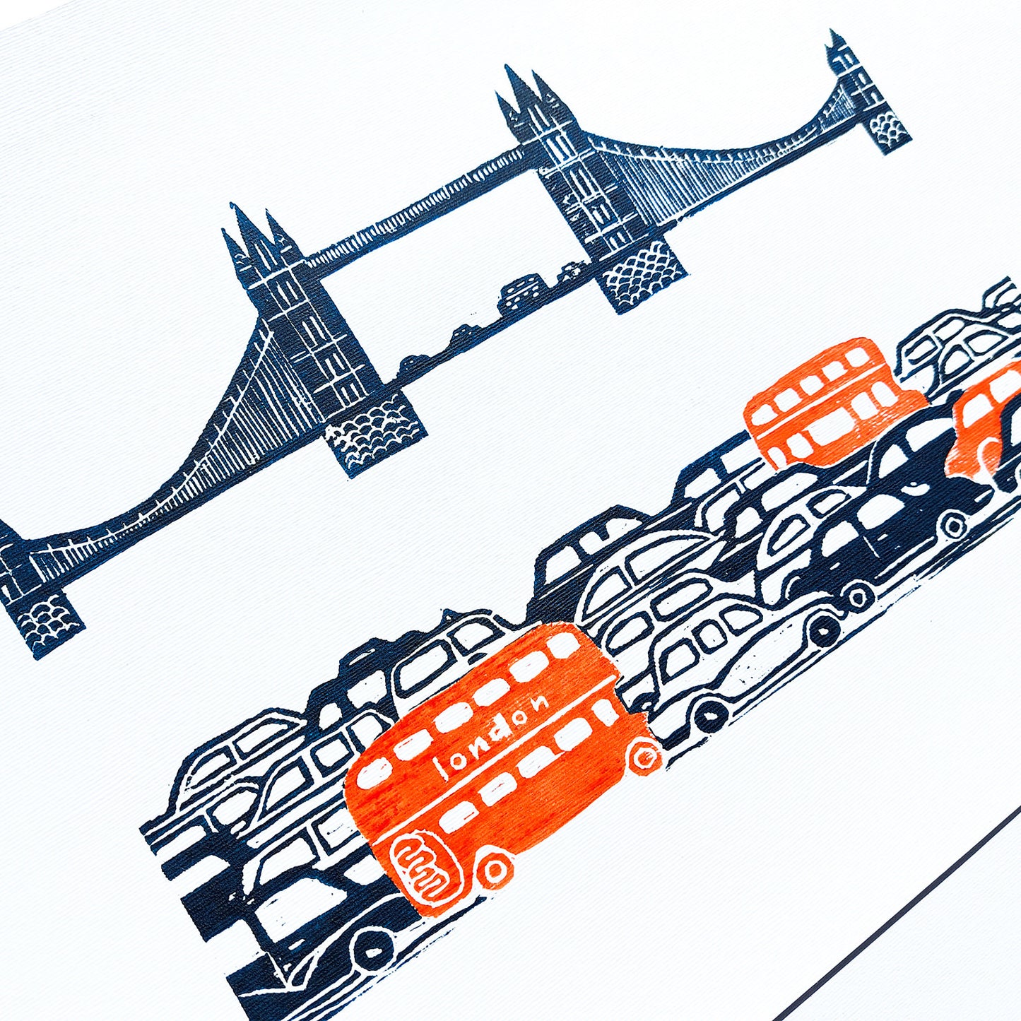 linocut print home office decor england cityscape linogravure nursery dopamine tower London bridge red bus wall art british landmark original artwork urban landscape UK back to school travel gift idea  patriotic relief home office bedroom thankful lover gift lino print printmaking professor teacher handprinted Architecture British Heritage Souvenir Thames River nurcery children kids room decoration entryway
