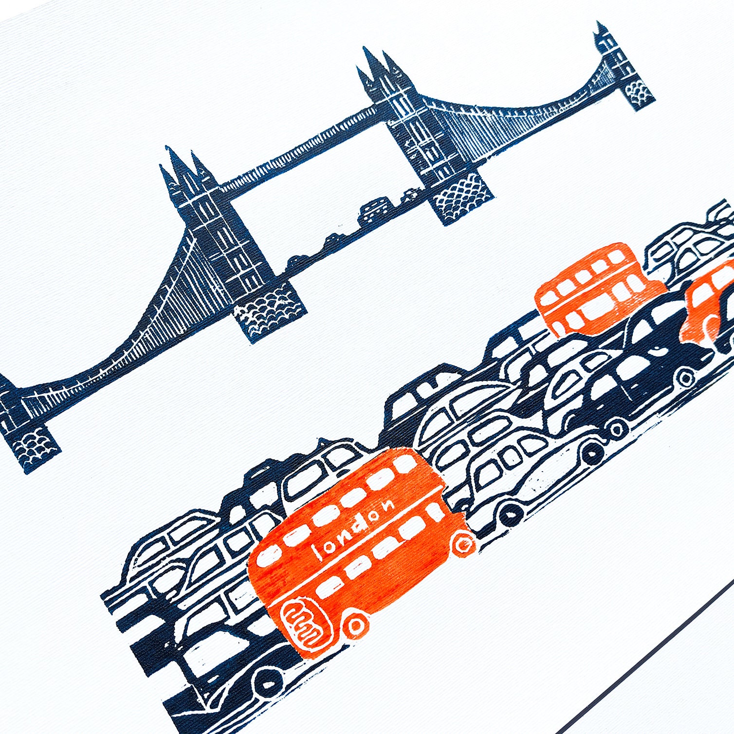 linocut print home office decor england cityscape linogravure nursery dopamine tower London bridge red bus wall art british landmark original artwork urban landscape UK back to school travel gift idea  patriotic relief home office bedroom thankful lover gift lino print printmaking professor teacher handprinted Architecture British Heritage Souvenir Thames River nurcery children kids room decoration entryway