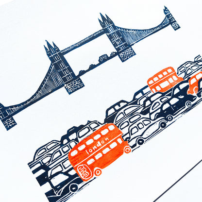 linocut print home office decor england cityscape linogravure nursery dopamine tower London bridge red bus wall art british landmark original artwork urban landscape UK back to school travel gift idea  patriotic relief home office bedroom thankful lover gift lino print printmaking professor teacher handprinted Architecture British Heritage Souvenir Thames River nurcery children kids room decoration entryway