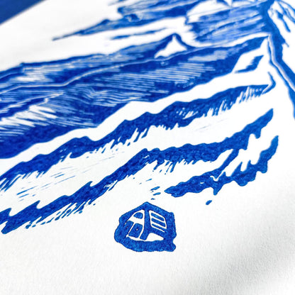 Blue mountain with house Linocut print Wall art hanging decor